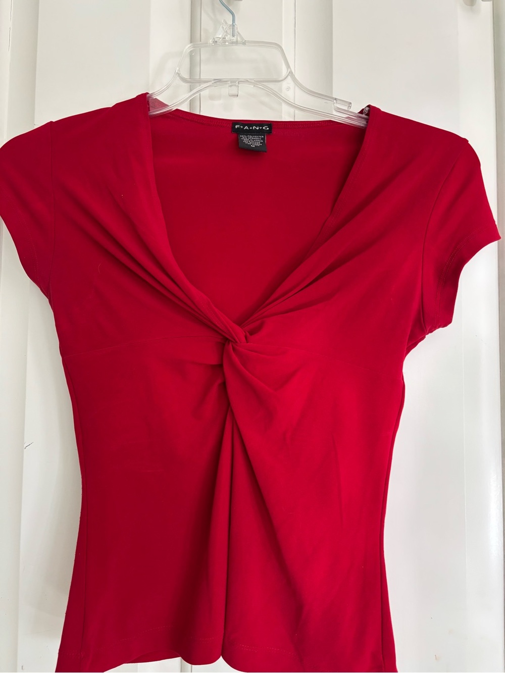 FANG size Medium; Red Knot-Front Cap Sleeve Blouse